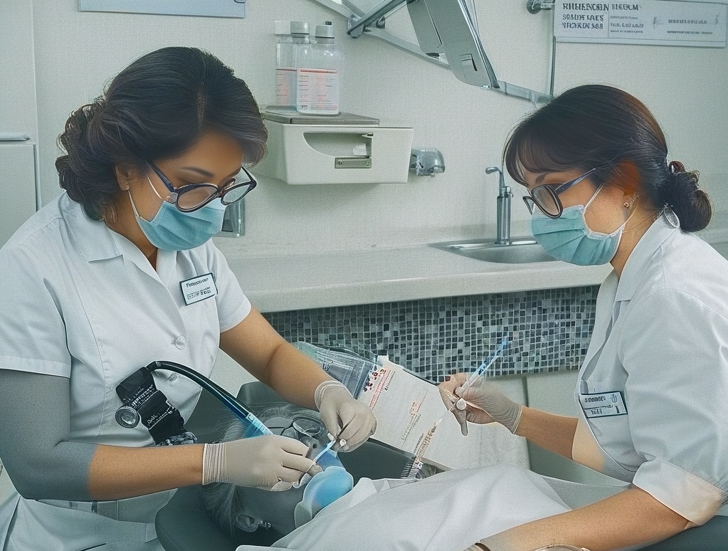 Two women wear scrubs, medical gloves, and medical masks while demonstrating a dental procedure.