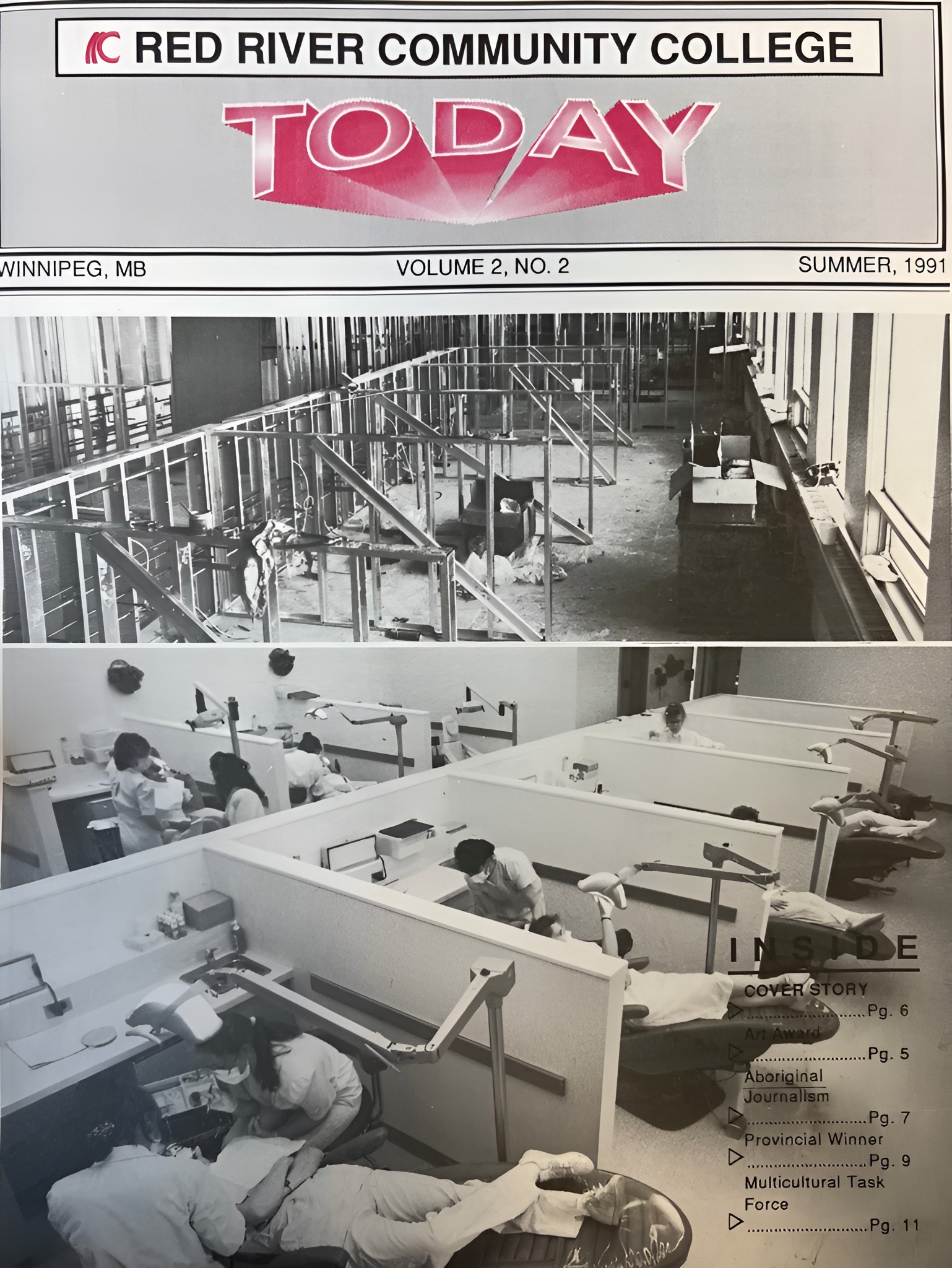 A black and white cover of the Summer 1991 RRC Polytech newsletter showcasing two photos: the dental assisting clinic under construction and the finished, newly-renovated clinic at opening.