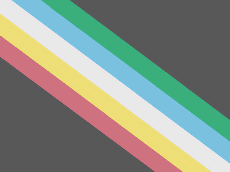 Black rectangle with red, yellow, white, blue and green diagonal stripes