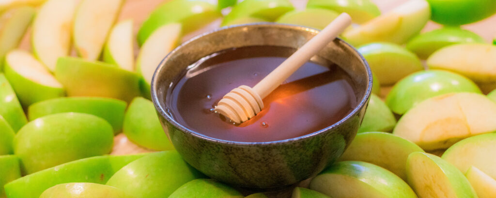 A bowl of honey with a dipper, surrounded by green apple slices