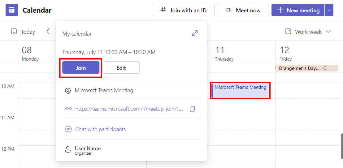 join meeting from the teams calendar event