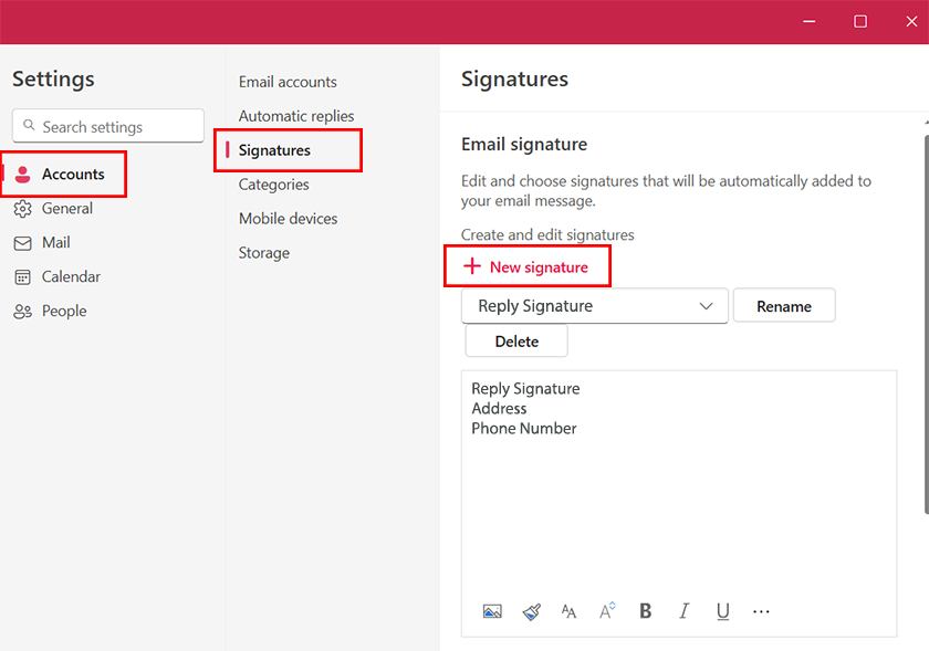 accounts tab signature and new signature