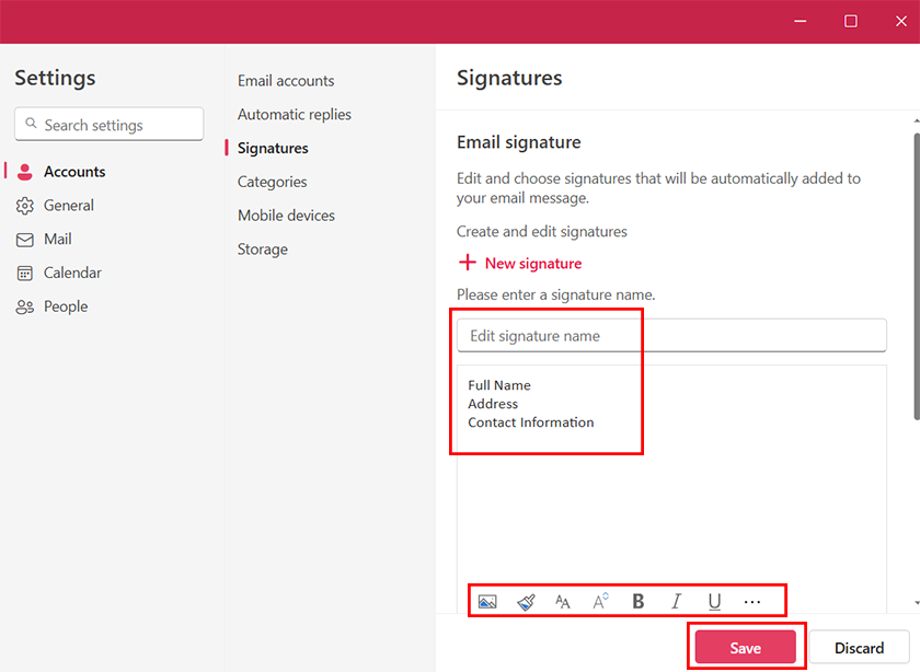 signature name and the signature information