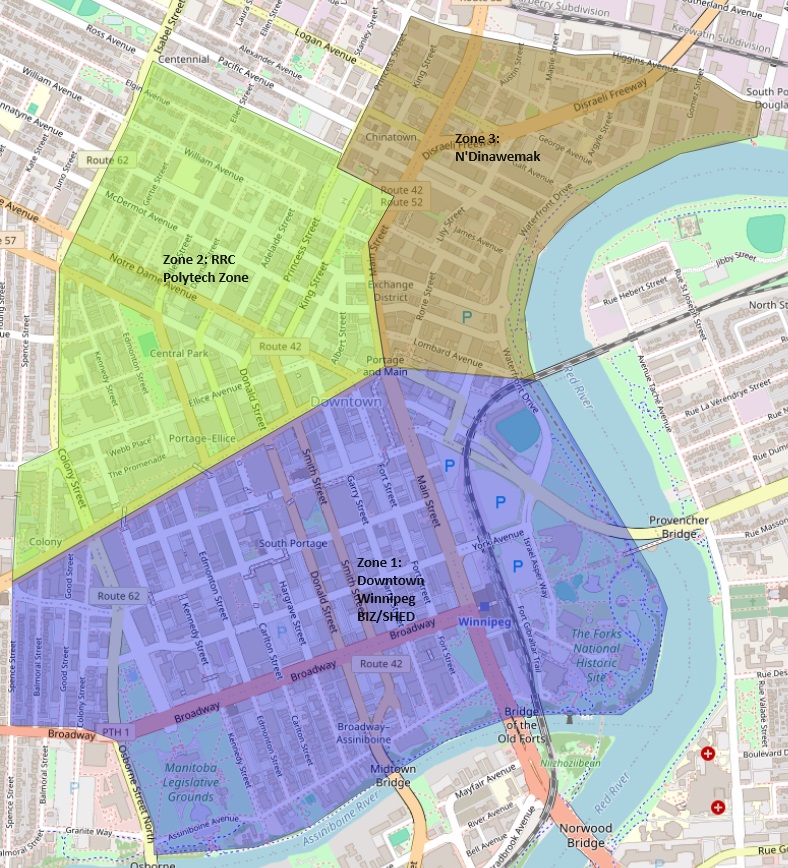 Map outlining DCSP's three patrol zones in downtown Winnipeg