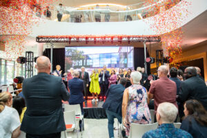 Confetti canons go off at event announcing RRC Polytech as the home of the Schroeder Institute of Entertainment and Media Arts.