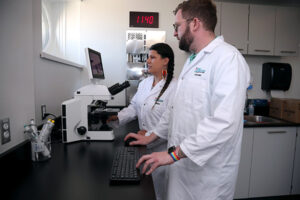 Food researchers looking at food under a microscope