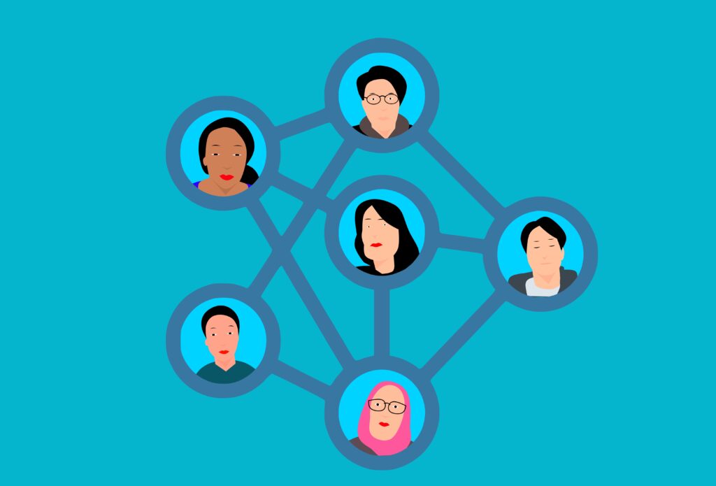 A simple network diagram with six diverse faces connected by lines, representing social connections or social impact.






