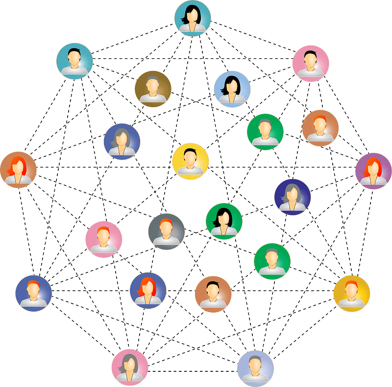 An illustration of interconnected circles, each containing a simplified avatar of a person with various hairstyles and colors, representing a social network.