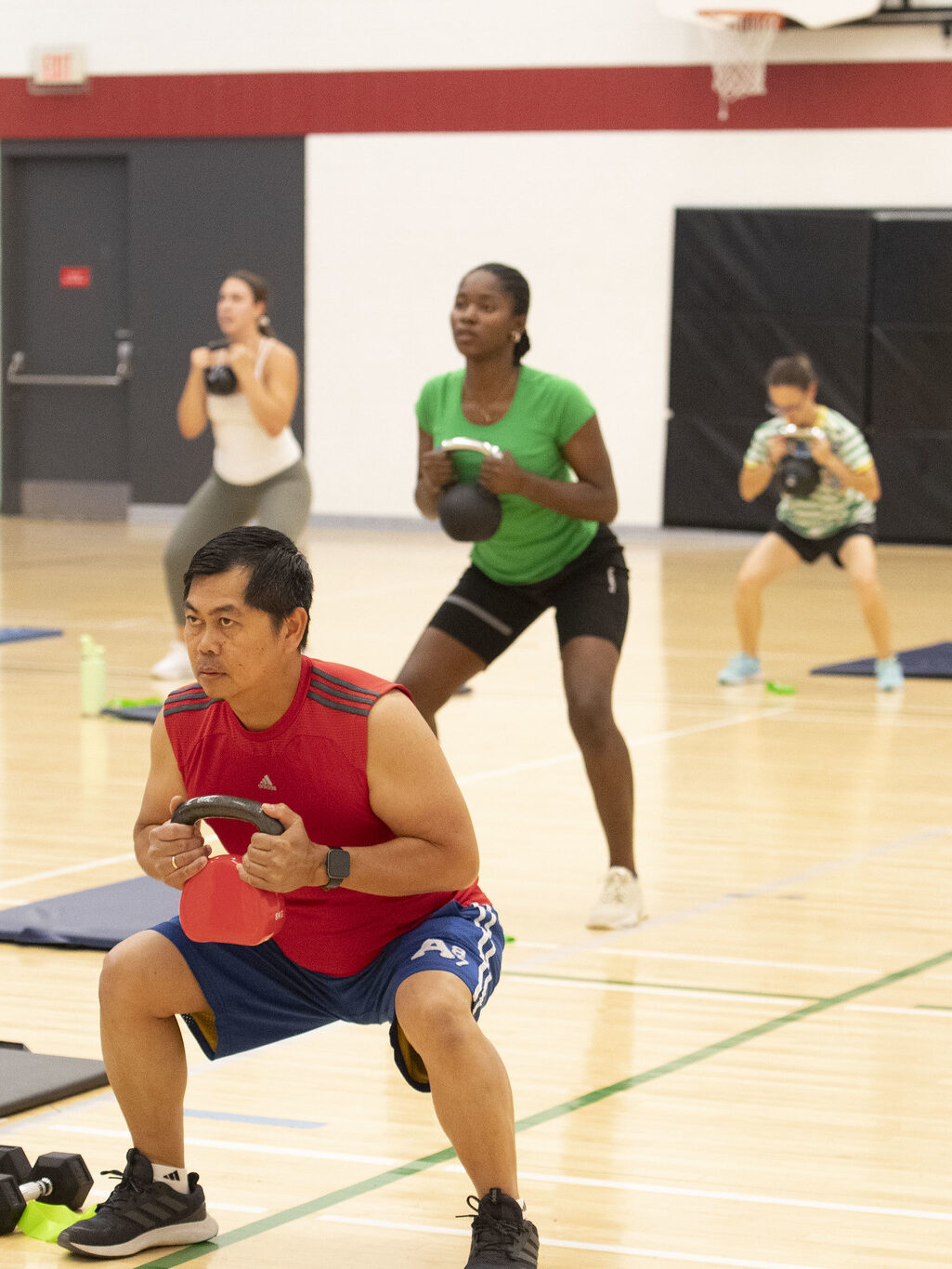 Group of people using kettlebells in afitness class