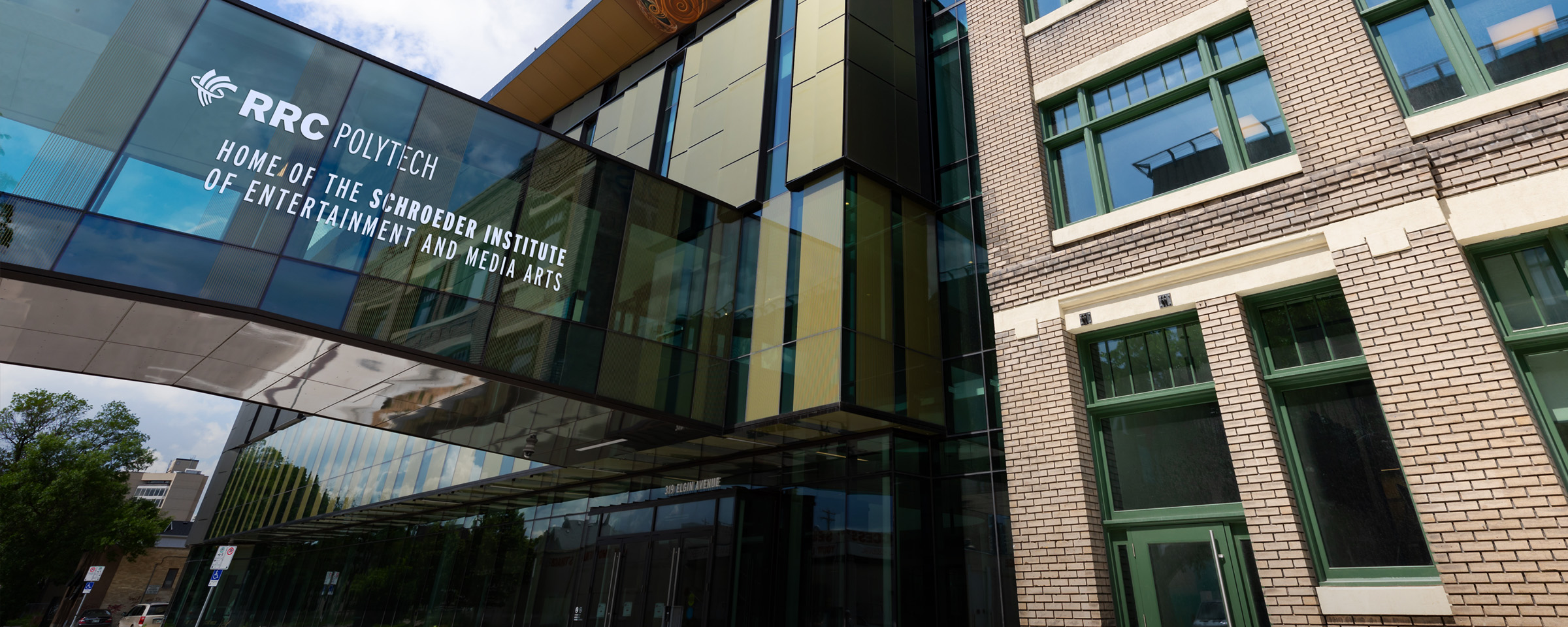 Rendering of Roblin Centre skywalk with signage for the Schroeder Institute of Entertainment and Media Arts